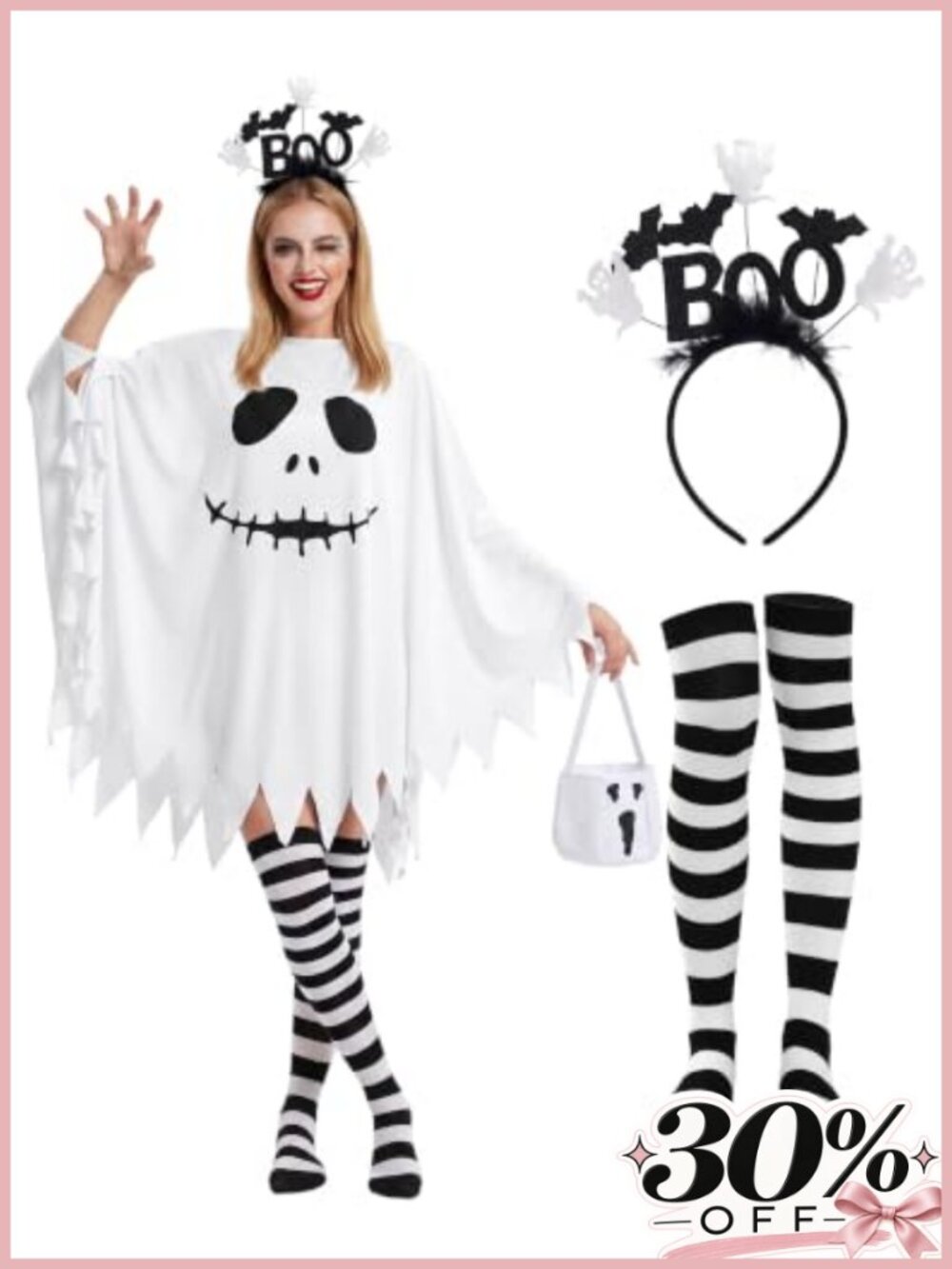 Halloween Ghost Costume Set for Women Adult Scary Cosplay Poncho Headband